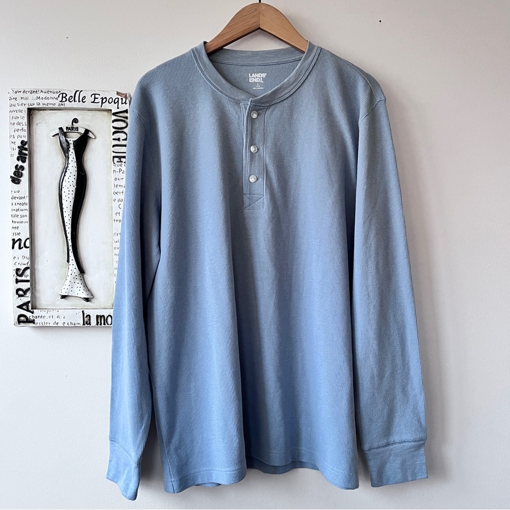 Men’s Lands End Blue Waffle Knit Long Sleeve Henley Shirt Size L NWT
